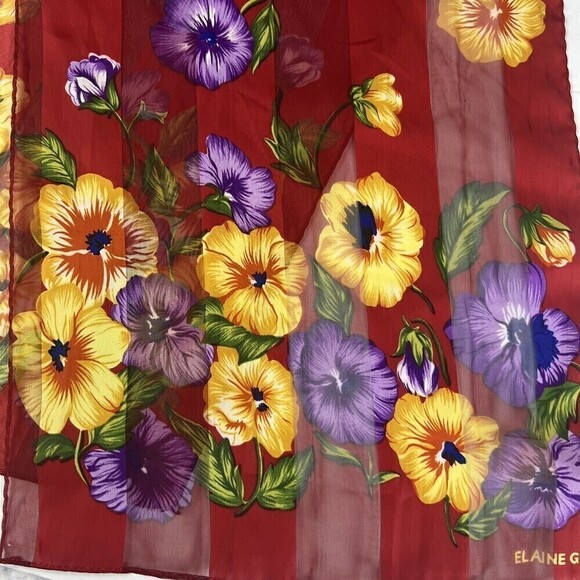 Vintage ELAINE GOLD Scarf Red Floral Poly Chiffon Rectangle Scarf 11"x 52" - Picture 4 of 10